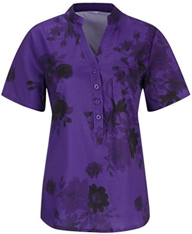 uikmnh Bayan Gevşek Çiçek Baskı T-Shirt Açık Boyun Yaz Rahat Kısa Kollu pamuklu üst giyim Düğmeli Gömlek