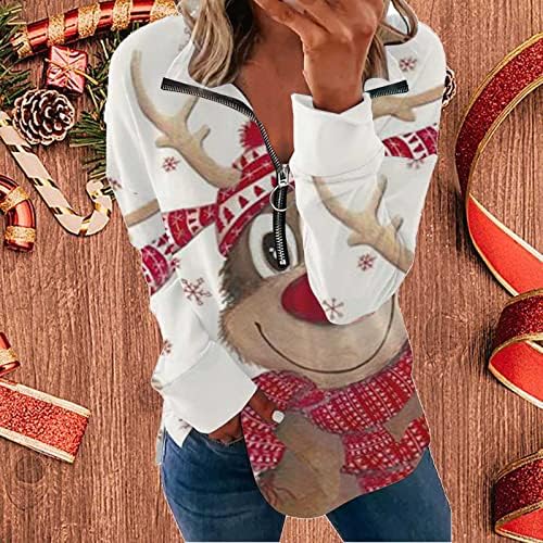 Noel Zip Up Kazak Kadınlar için Sparkle Tops Komik Sevimli Grafik Baskılı Bluzlar Moda Rahat Gevşek sağlıklı tişört