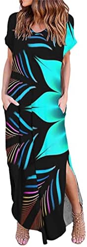 Kadın 2023 yaz elbisesi Gevşek Kısa Kollu Ekip Boyun Renkli Baskı Bölünmüş uzun elbise Plaj Maxi Elbise Cep ile