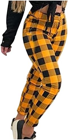 Kadın Artı Boyutu Elastik Bel Ekose Baskılı Pantolon Ekleme Yüksek Bel günlük pantolon Cepler ile