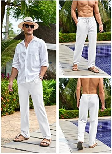 Gafeng Erkek Keten Pantolon Yoga Plaj Gevşek Fit Casual Yaz Elastik Bel İpli Baggy Pantolon Cepler ile