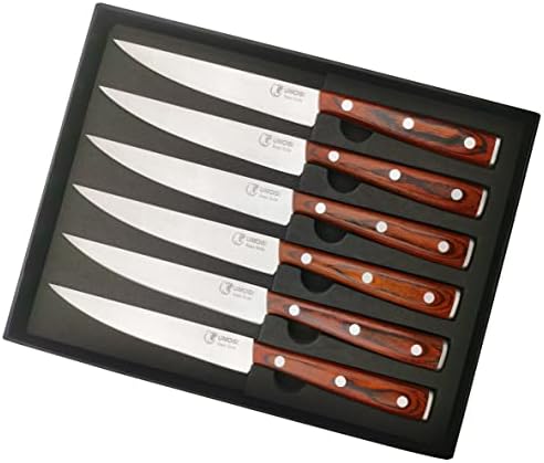 UMOGİ Premium Biftek Bıçakları Hediye Kutusunda 6'lı Set - Cilalı Ahşap Saplı, HC Alman Paslanmaz Çelik, Düz Kenarlı