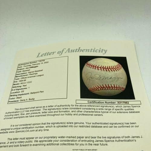 Nice Joe Dimaggio, Resmi Amerikan Beyzbol Ligi JSA COA İmzalı Beyzbol Toplarını İmzaladı