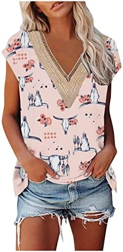 Kadın Zarif T-Shirt Dantel V Boyun Yaz Tunik Üst 2023 Rahat Kısa Kollu Bluz Çiçek Baskı Ofis İş Tees En