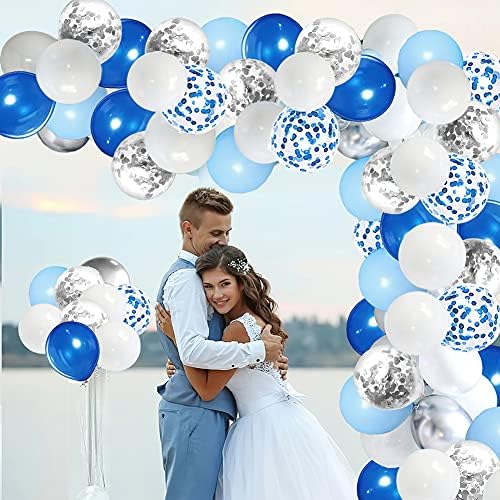 CUTEDECOR 62 pcs 12 İnç Mavi Gümüş Beyaz konfeti balonları Kiti, Metalik Gümüş Balonlar Mavi Şerit konfeti balonları