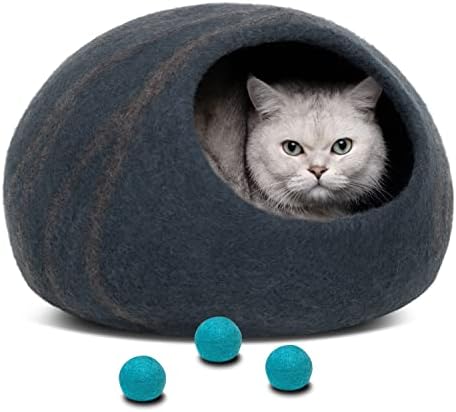 MEOWFİA Premium Keçe Kedi Yatağı Mağarası (Arduvaz Gri/Büyük) ve Yün Topu Oyuncaklar (6'lı Paket) Paketi