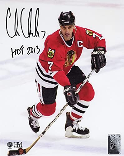 Chris Chelios, Chicago Blackhawks'ı Puck Action 8x10 Fotoğraf w/HOF 2013 ile İmzaladı-Schwartz Authentic