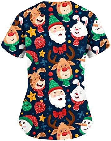 Bayan Tunik Üstleri Kısa Kollu V Yaka Kazak Noel Baskılı Üniforma koruyucu kıyafet Cepler T-Shirt Bluz