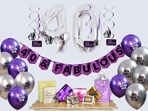 40 ve Muhteşem Doğum Günü Partisi Paketi-Mor ve Gümüş Mutlu Yıllar Kiraz Kuşu, Balon ve girdaplar paketi-Doğum Günü