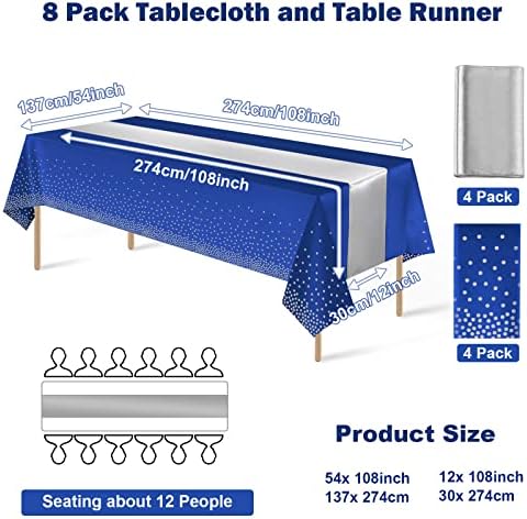 8 Paket Tek Kullanımlık Plastik Masa Örtüleri ve Saten Masa Koşucu Seti Mavi ve Gümüş Nokta Masa Örtüsü Düğün Doğum