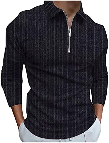 XZHDD Fermuar polo gömlekler Erkekler için, Sonbahar Çizgili Slim Fit Uzun Kollu Gömlek Zip Boyun İş Rahat Üstleri