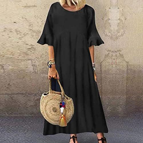 Artı Boyutu Keten Elbiseler Kadınlar için Maxi uzun elbise Fırfır Kısa Kollu Yaz Flowy Pileli Sundress Gevşek Fit