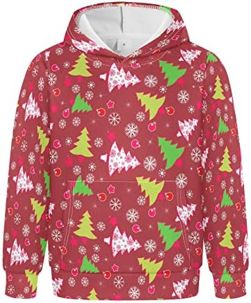 Plaaee Çocuk Erkek Kız Kazak Hoodies Yeşil Noel Ağacı Kış Beyaz Kar Tanesi Rahat Kapüşonlu Sweatshirt Cepler ile XXS