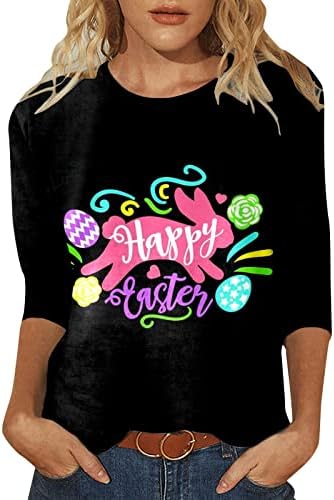 Paskalya Gömlek Kadınlar için 3/4 Kollu Sevimli Grafik Tees Komik Şanslı Tişörtleri Çiçek Fırfır Bluz