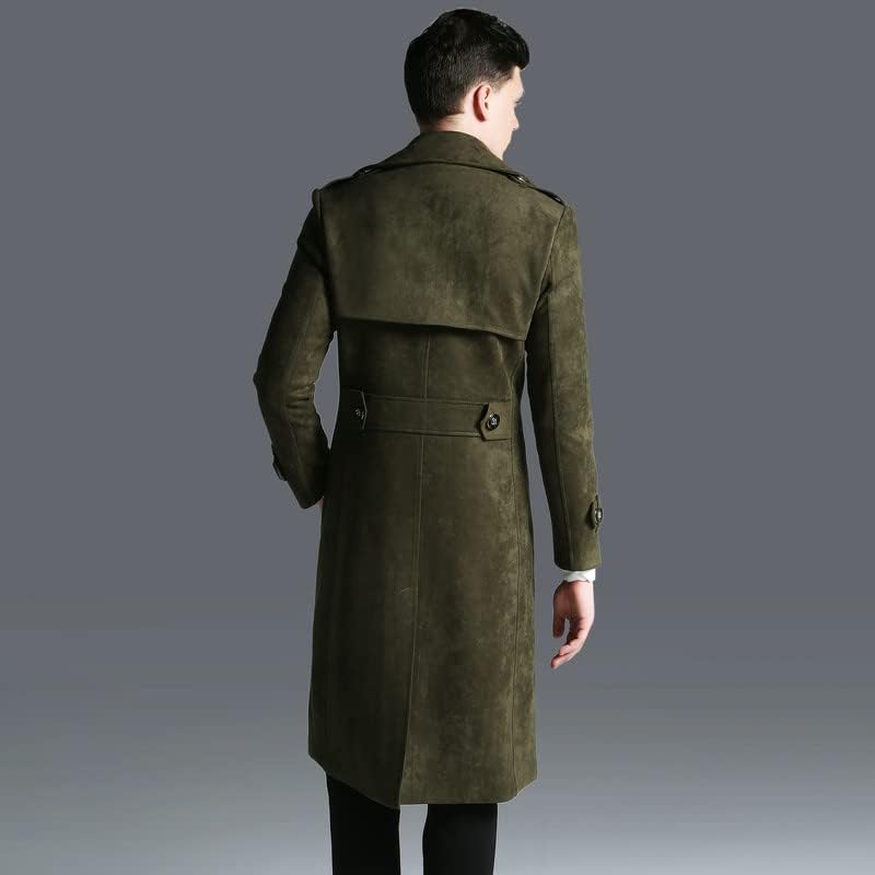 HSQIBAOER İngiltere İş Erkekler Maxi Uzun Faux Deri Hendek Mantel Ordu Askeri Palto Slim Fit Rüzgarlık Ceket