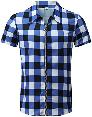 XXBR Fermuar Gömlek Mens için, yaz Kısa Kollu Ekose Üstleri Moda Slim Fit Ekose Ofis İş Rahat Gömlek