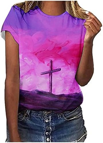 Hıristiyan Çapraz Gömlek Kadınlar için Yaz Üstleri Batik Crewneck Tunik Tees kısa kollu tişört Grafik Moda Bluzlar