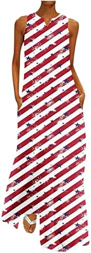 Géneric kadın Elbise Yaz Bağımsızlık Günü için Moda V Yaka Kolsuz Akşam Parti Baskı Cep Yelek uzun elbise