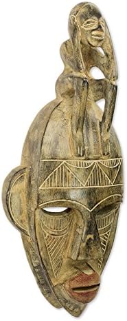 NOVİCA Dekoratif Büyük Ahşap Maske, Kahverengi, Düşünen Maske'