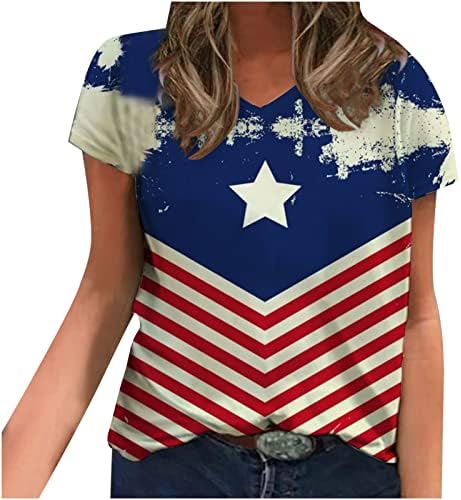 4th Temmuz 2023 Tişörtleri Kadınlar için Amerikan Bayrağı Üst V Boyun Tişörtleri Kısa Kollu Gevşek Casual Yaz Üstleri