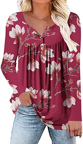 Sonbahar Çiçek Baskılı Tunik Üstleri Pilili Düğme Yaka Bluz Üst Sonbahar Rahat Uzun Kollu Flowy Henley Gömlek