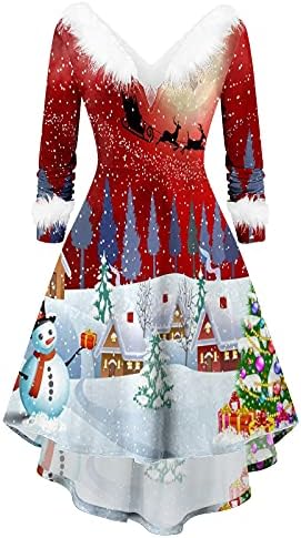 Midi Elbiseler kadınlar için Noel Baskılı Kokteyl Ziyafet Abiye Çay Elbise Kürklü Yaka Uzun Kollu askı elbise