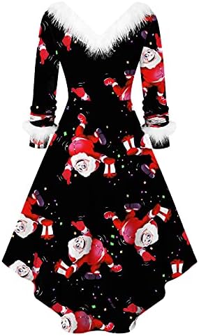 Midi Elbiseler kadınlar için Noel Baskılı Kokteyl Ziyafet Abiye Çay Elbise Kürklü Yaka Uzun Kollu askı elbise