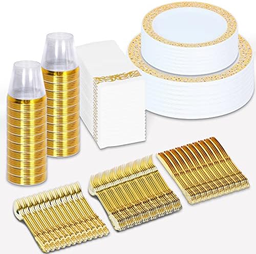 350 Adet Altın Plastik Yemek Takımı Tek Kullanımlık (50 Misafir) - 100 Altın Dantel Plastik Tabak, 150 Altın Plastik