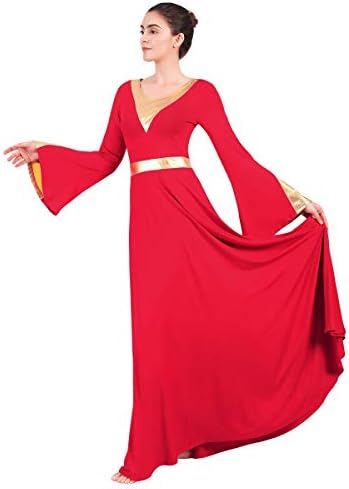 Kadınlar Metalik Renk Blok Liturjik Övgü Lirik Dans Elbise Çan Uzun Kollu Kilise Giyim Elbise İbadet Kostüm