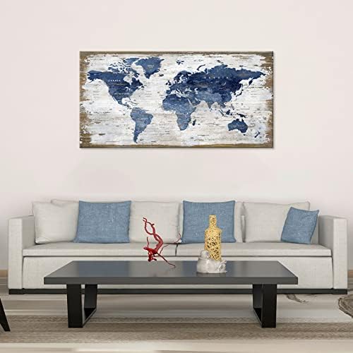Retro Dünya Haritası Denizcilik Duvar Dekor Dünya Haritası Çerçeveli Tuval Duvar Sanatı Beyaz Ahşap Tahta Mavi Dünya