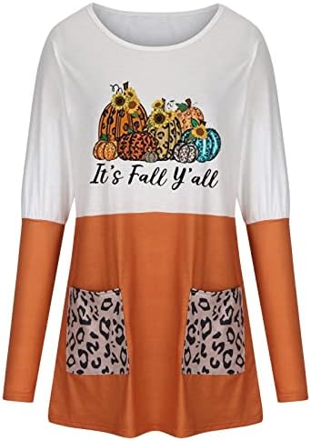Bu Sonbahar Yall Tunik Üst Kadınlar için Komik Kabak Mektubu Baskı Tees Renk Bloğu Leopar Patchwork Cep Gömlek Bluz