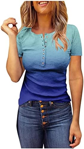 Bayan 2023 Yaz Henley Tunik Üstleri Nervürlü Örgü Düğme V Boyun Kısa Kollu T Shirt Slim Fit Gömlek Bluzlar kadınlar