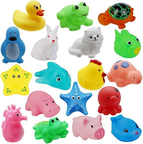 Mutlu Ağaçlar 18 Paket Hayvanlar Squeak Banyo oyuncak seti Bebekler Çocuklar için, Renkli Çeşitli Karakterler